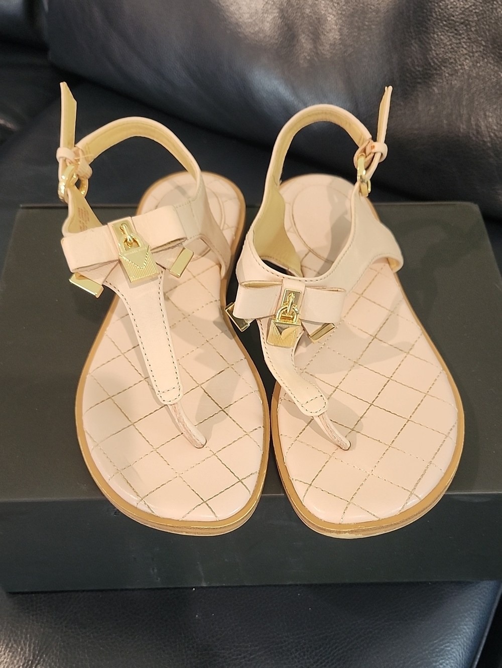Michael Kors Women’s Beige Quilted Thong Sandals with Gold Accents